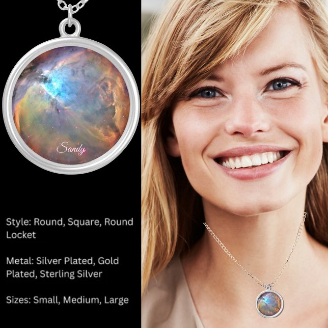 Orion Nebula Space Galaxy Custom Name Round Silver Plated Necklace (Orion Nebula Space Galaxy Custom Name Round Silver Plated Necklace)