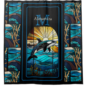 Orka Whale Stain Glass  Blues Black Modern Beach  Shower Curtain