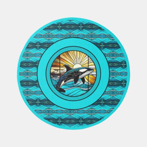Orka Whale  stain glass look  Nautical Round Outdoor Rug