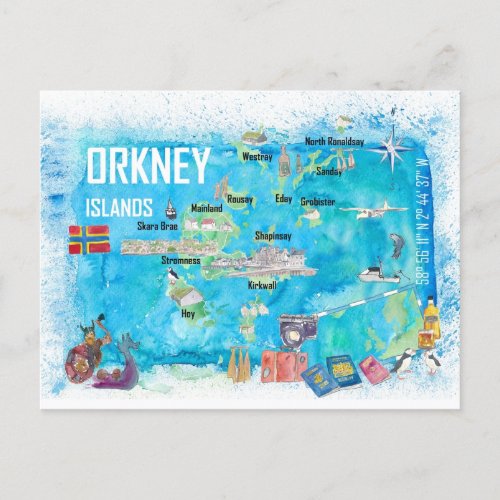 Orkney Islands Illustrated Travel Map Postcard