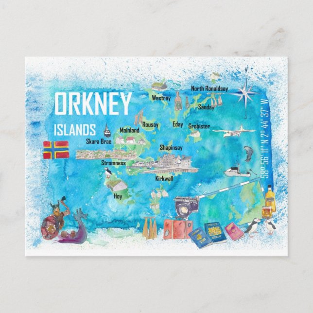 Orkney Islands Illustrated Travel Map Postcard (Front)