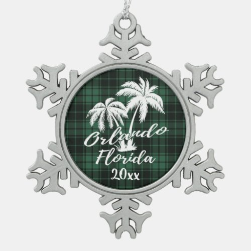 Orlando Beach Florida Palm Green Plaid Snowflake Pewter Christmas Ornament