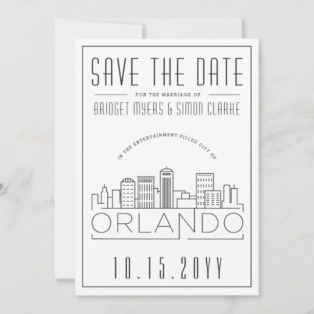 Orlando, Fl Wedding Stylized Skyline Save-the-Date Invitation (Front)