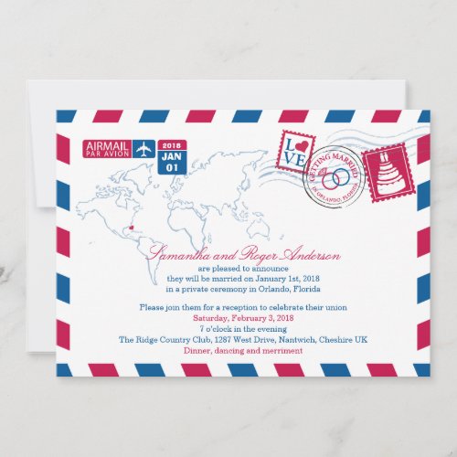 Croatia Air Mail Post Wedding Reception Personalized Announcements