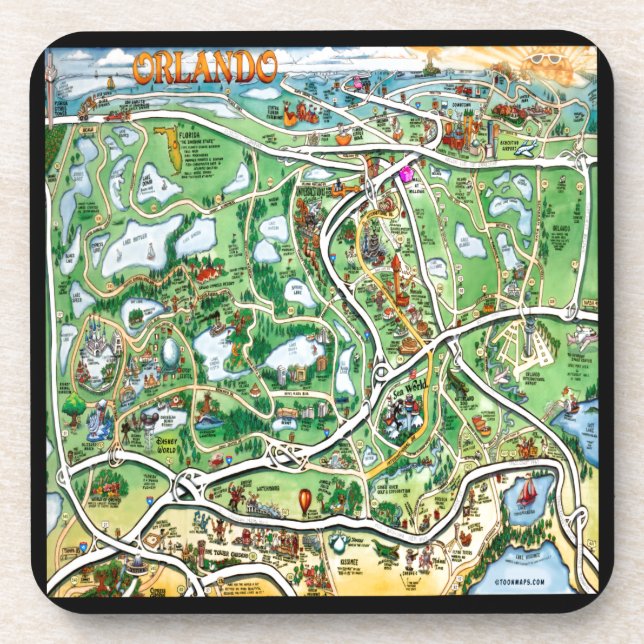 Orlando Florida Cartoon Map Drink Coaster (Front)