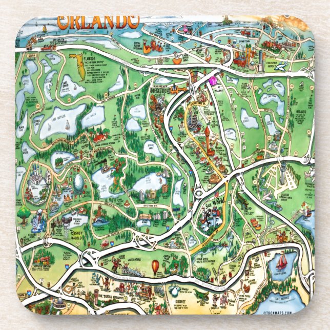 Orlando Florida Cartoon Map Drink Coaster (Front)