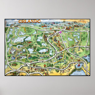 Orlando Florida Cartoon Map Poster