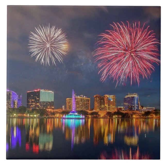 Orlando Florida Lake Eola Fireworks & Fountain Ceramic Tile (Front)