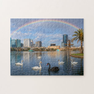 Orlando Florida Skyline Lake Eola Rainbow & Swans Jigsaw Puzzle