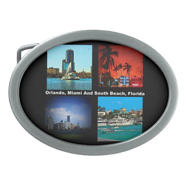 Orlando, Miami, South Beach Collage Oval Belt Buckle (Front)