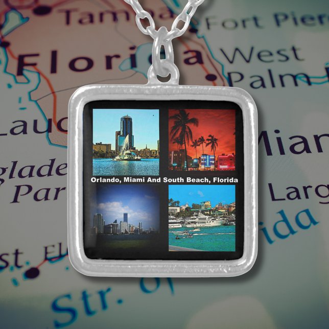 Orlando, Miami, South Beach Collage Square Silver Plated Necklace (Orlando, Miami, South Beach Collage Square Silver Plated Necklace)