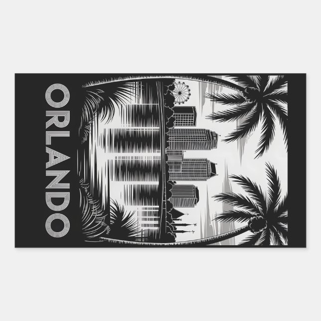 Orlando Skyline Black and White Woodcut Lake Eola Rectangular Sticker (Front)
