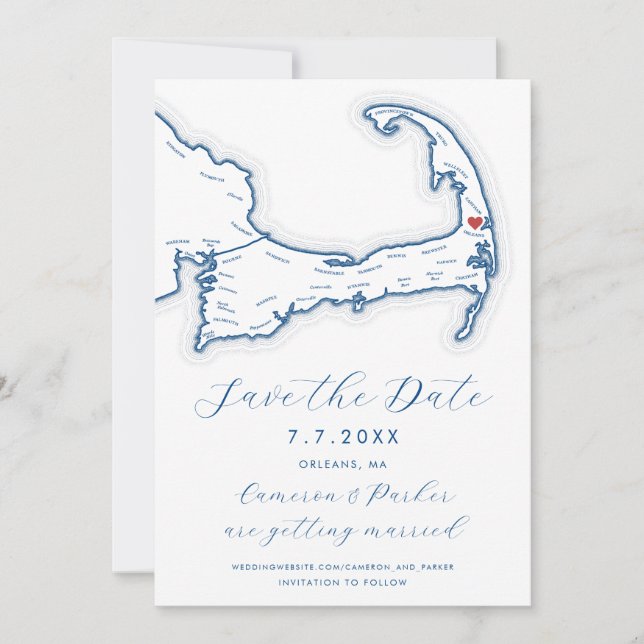 Orleans MA Cape Cod Map Navy Blue Wedding Save The Date (Front)