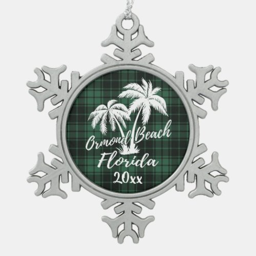 Ormond Beach Florida Palm Green Plaid Snowflake Pewter Christmas Ornament