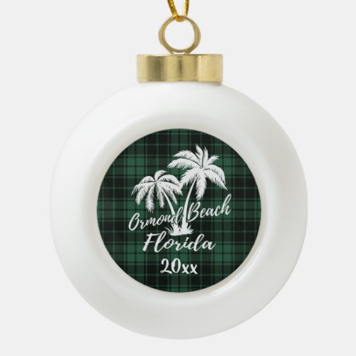 Ormond Beach Florida Palm Tree Green Plaid Ceramic Ball Christmas Ornament