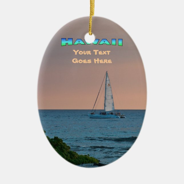Ornament: Blue Catamaran Sunset (Oval) Ceramic Ornament (Front)