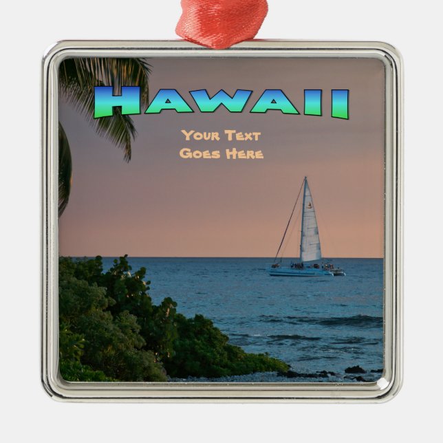 Ornament: Blue Catamaran Sunset (Premium Square) Metal Ornament (Front)