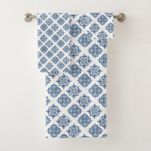 Ornament embroidered blue on white bath towel set