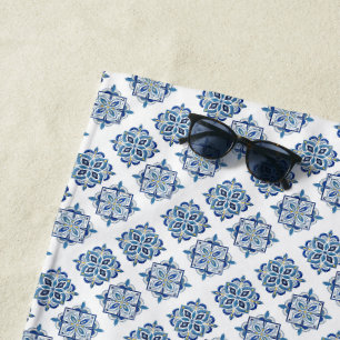 Ornament embroidered blue on white beach towel