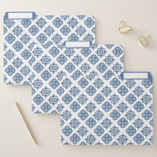 Ornament embroidered blue on white file folder