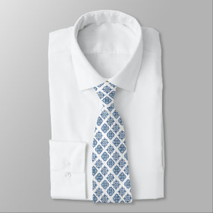 Ornament embroidered blue on white neck tie