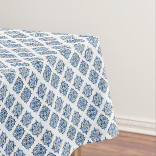 Ornament embroidered blue on white tablecloth