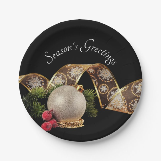 Ornament, Evergreen and Gold Ribbon Paper Plates (Front)