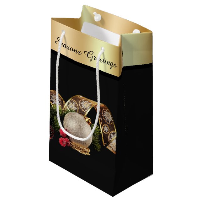Ornament, Evergreen and Gold Ribbon Small Gift Bag (Front Angled)