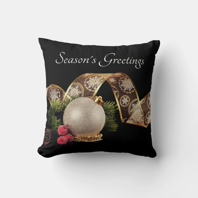 Ornament, Evergreen and Gold Ribbon Throw Pillow (Front)