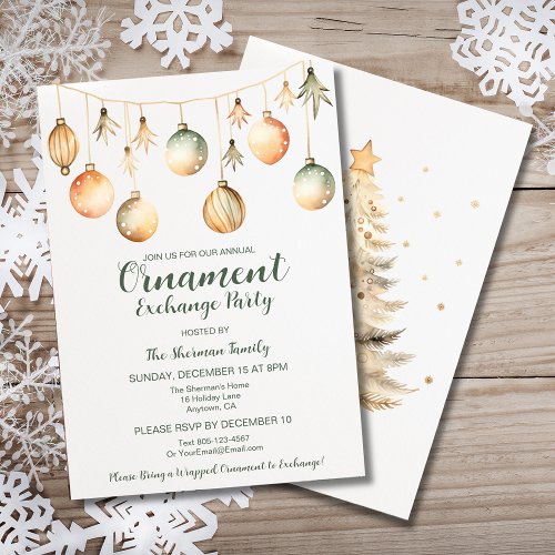 Ornament Exchange Party Watercolor Gold Green Invitation