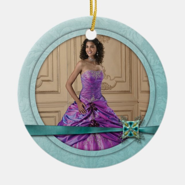 Ornament Girly Teal Jewel Ribbon Sweet 16 (Front)