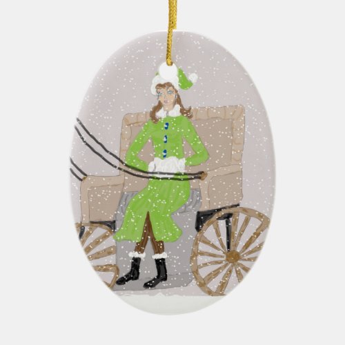 Ornament Lady in a Buggy in Snow Ceramic Ornament