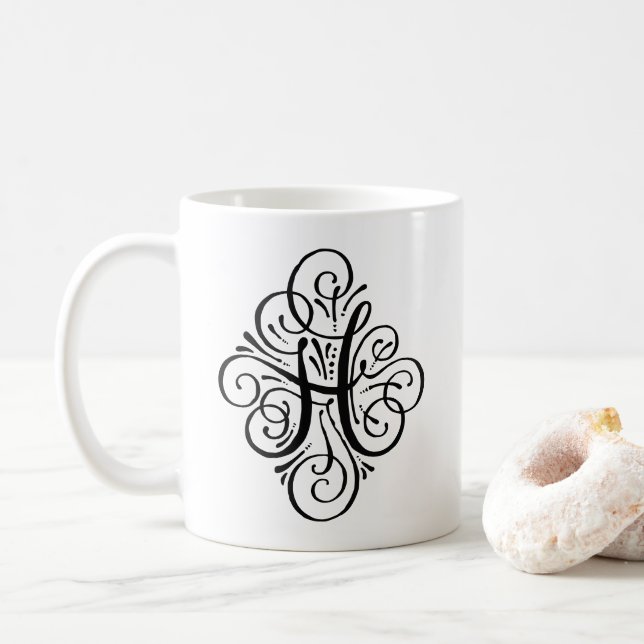 Ornament Monogram Swash Personalized Coffee Mug (With Donut)