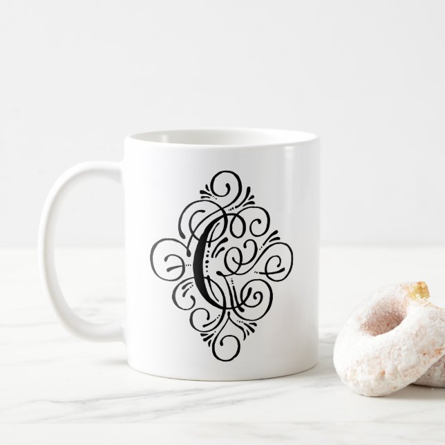 Ornament Monogram Swash Personalized Coffee Mug (With Donut)