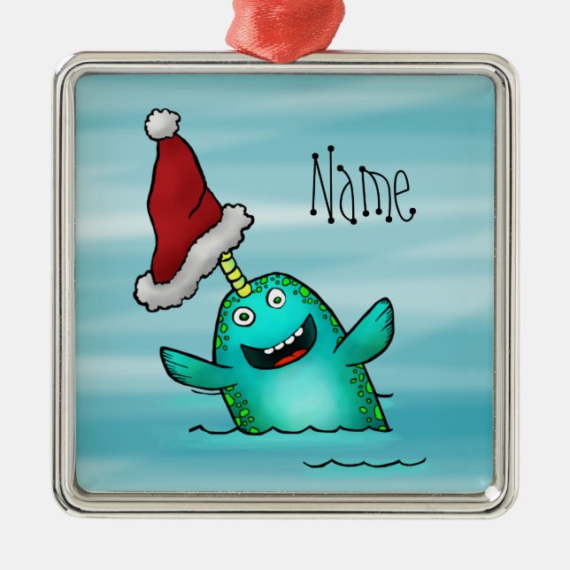 Ornament, Name Template Cute Narwhal Santa Metal Ornament (Front)