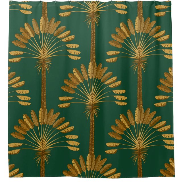 Ornament of Golden palm trees on a green backgroun Shower Curtain (Front)