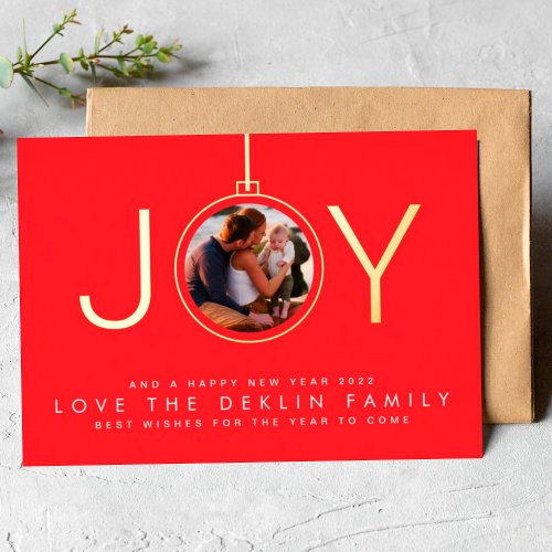 Ornament Photo Red Merry Christmas Gold JOY Foil Holiday Card