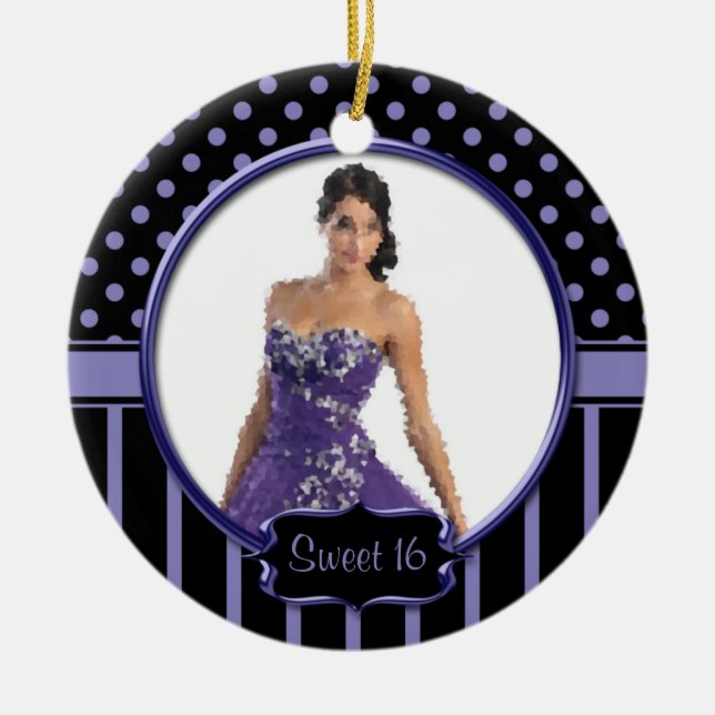 Ornament Purple Black Stripes Dots Sweet 16 (Front)