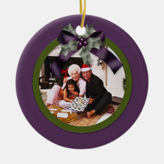 Ornament Purple Green Holly Bow Christmas Photo (Front)