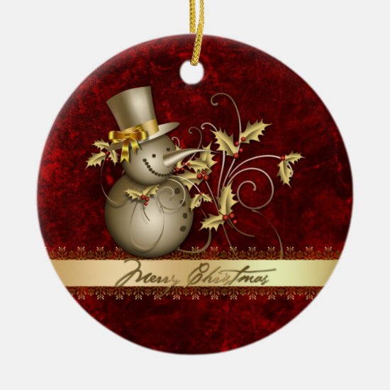 Ornament Red Gold Snowman Holly Christmas