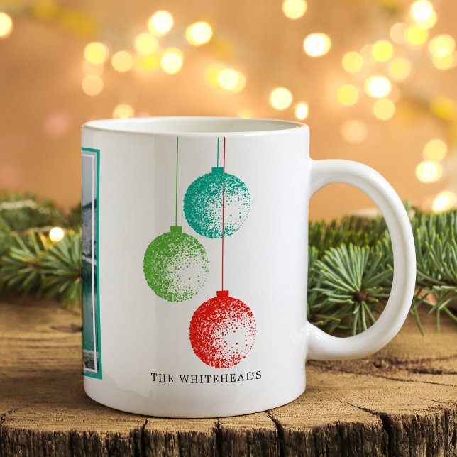 Ornament Retro Photo Coffee Mug (Retro ornament Holiday Christmas mug with green teal and red design with monogram..)
