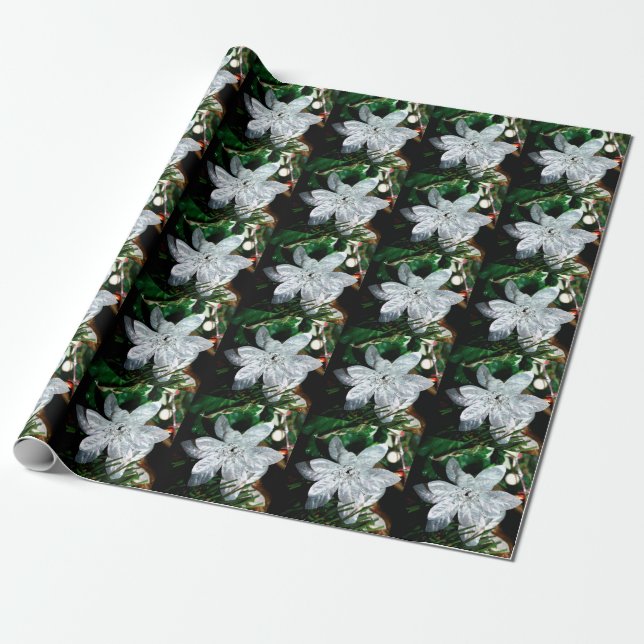 Ornament - Silver Poinsettia Decoration Wrapping Paper (Unrolled)