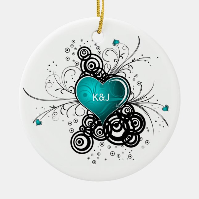 Ornament Teal Heart Black Swirls Wedding Keepsak (Front)