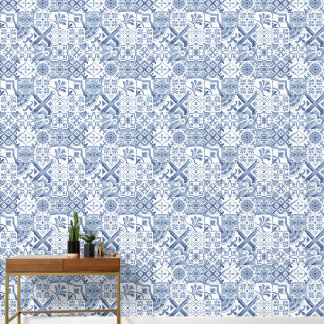 ornament tiles print pattern blue illustration wallpaper 