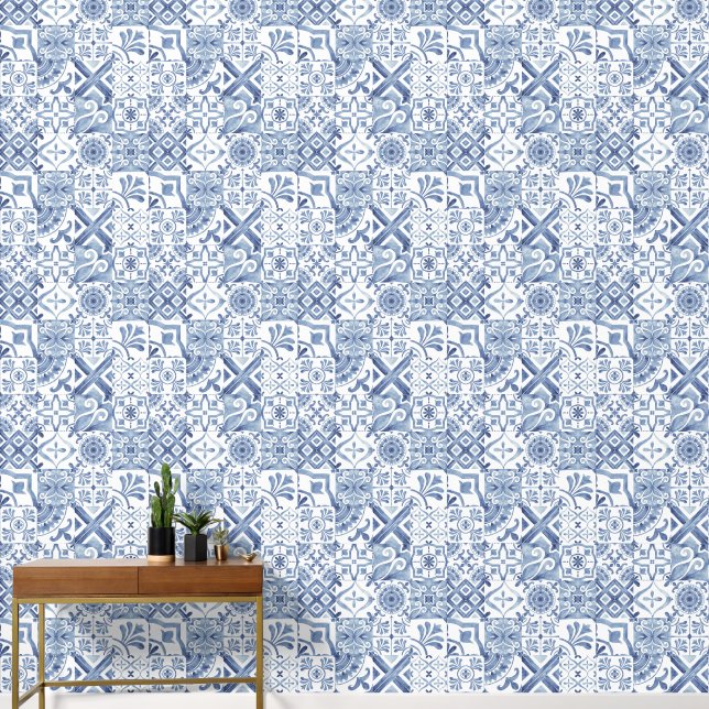 ornament tiles print pattern blue illustration wallpaper  (Hallway)