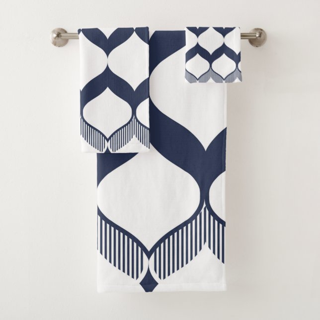 Ornamental, abstract, elegant pattern, blue, white bath towel set (Insitu)