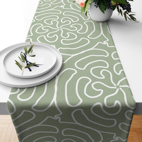 Ornamental abstract sage green boho short table runner