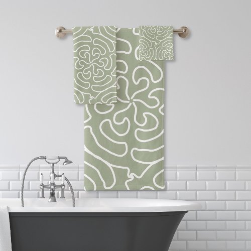 Ornamental abstract sage green pattern bath towel set