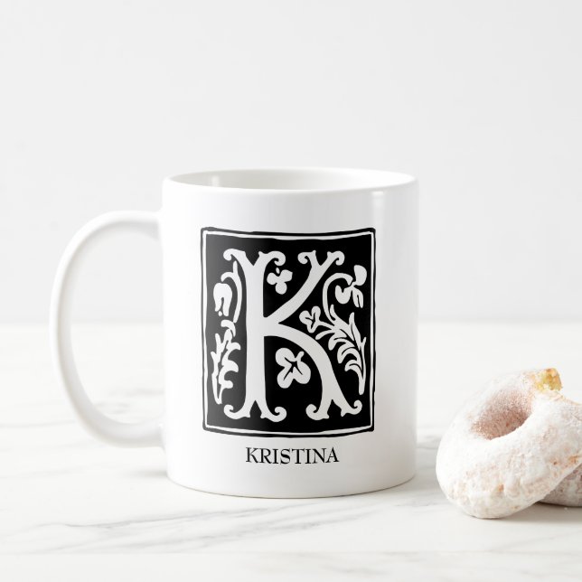 Ornamental Alphabet Letter K Personalized Coffee Mug (With Donut)
