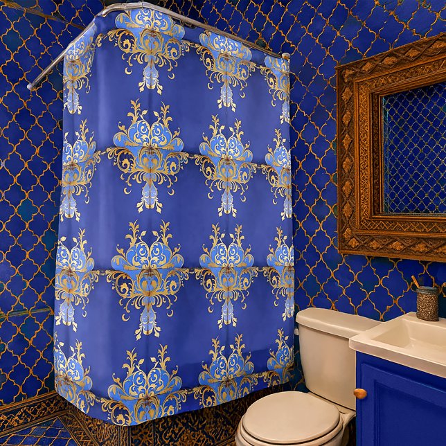 Ornamental Arabesque Royal Blue Gold Pattern Shower Curtain (Arabesque ornamental gold filigree and royal blue shower curtain in situ, modern Moroccan bathroom)